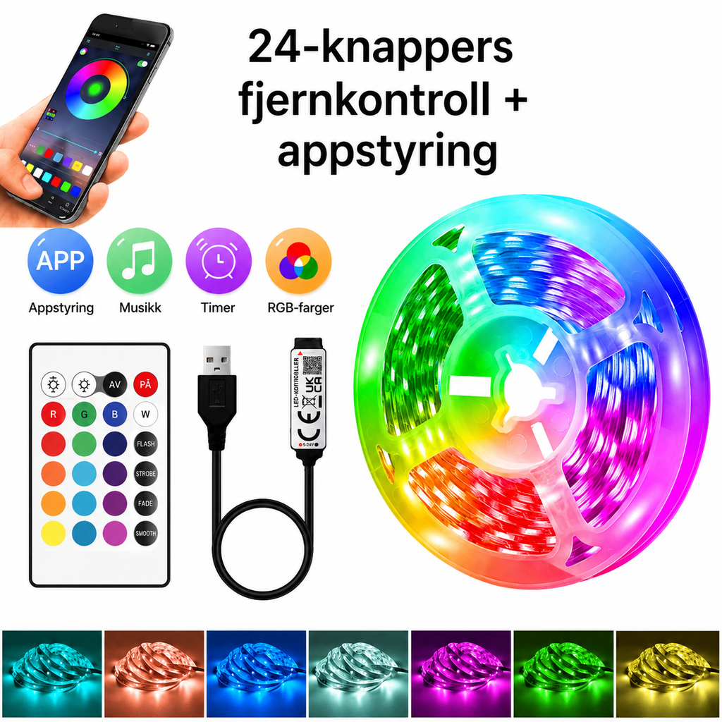 5-20m LED RGB lyslist, 44-tasters fjernkontroll + app-styring, musikksynkronisering, lavspent USB 5V tape-lys for hjem- og TV-dekorasjon