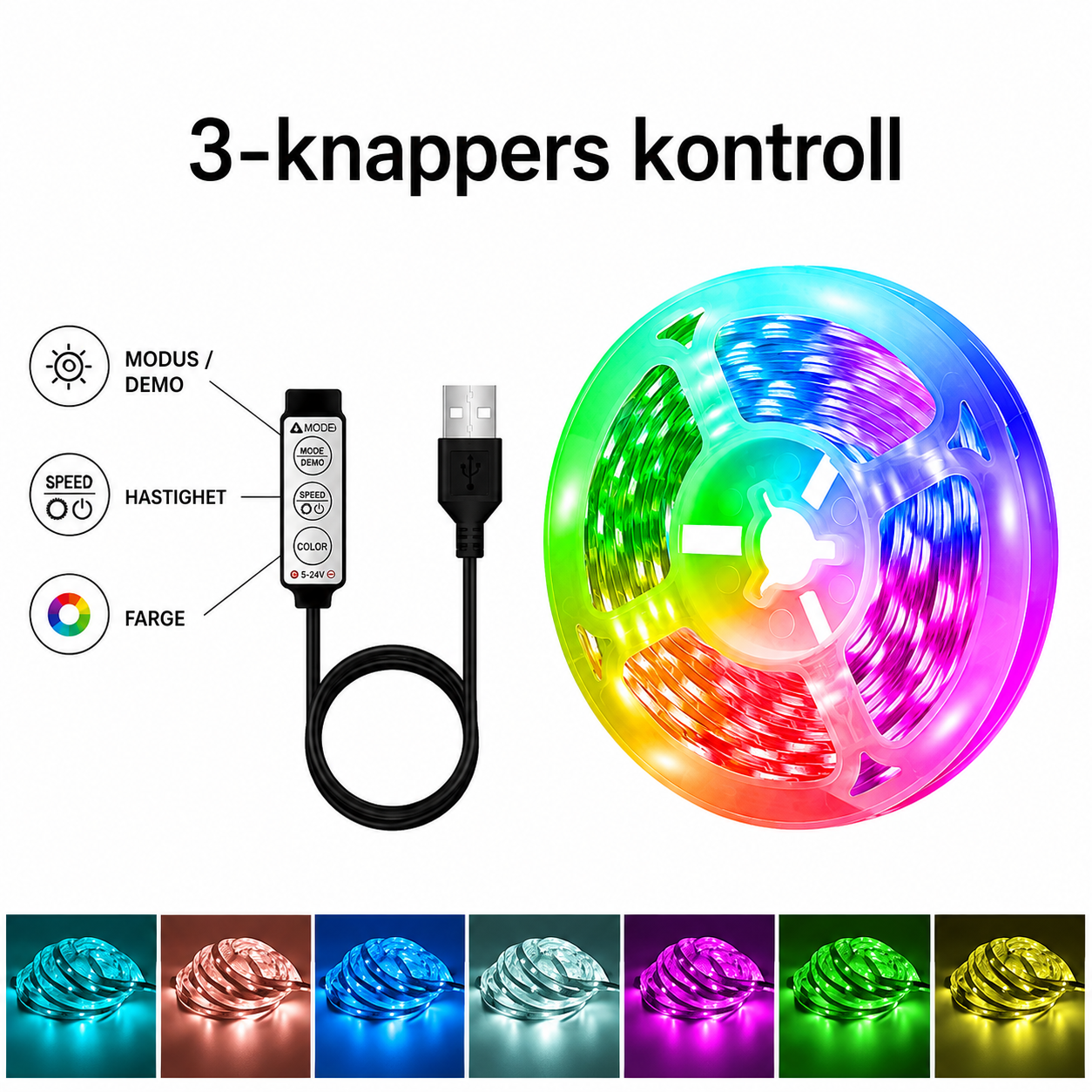 5-20m LED RGB lyslist, 44-tasters fjernkontroll + app-styring, musikksynkronisering, lavspent USB 5V tape-lys for hjem- og TV-dekorasjon