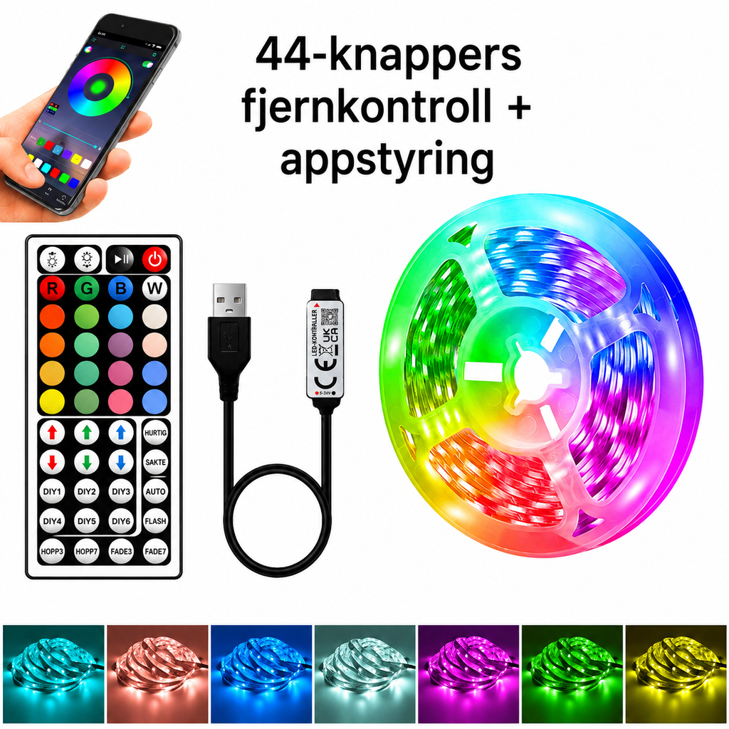 5-20m LED RGB lyslist, 44-tasters fjernkontroll + app-styring, musikksynkronisering, lavspent USB 5V tape-lys for hjem- og TV-dekorasjon