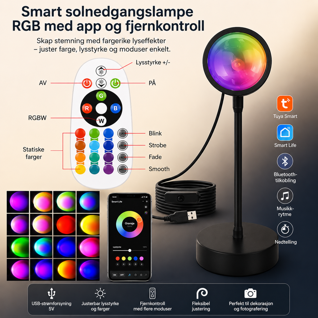 Smart Sunset Lamp Tuya LED nattlys USB RGB Smart Life APP Fjernkontroll Projeksjon For Romdekorasjon Fotografering Festival Bursdag