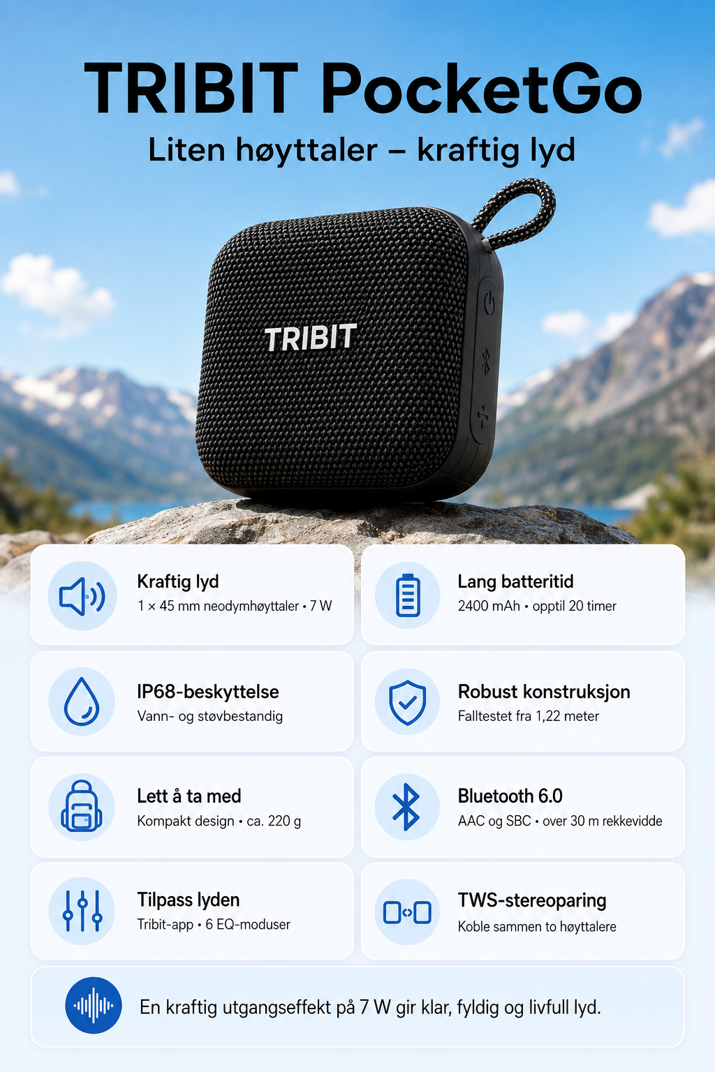 Tribit PocketGo bærbar Bluetooth-høyttaler – IP68 og 20 timers batteritid