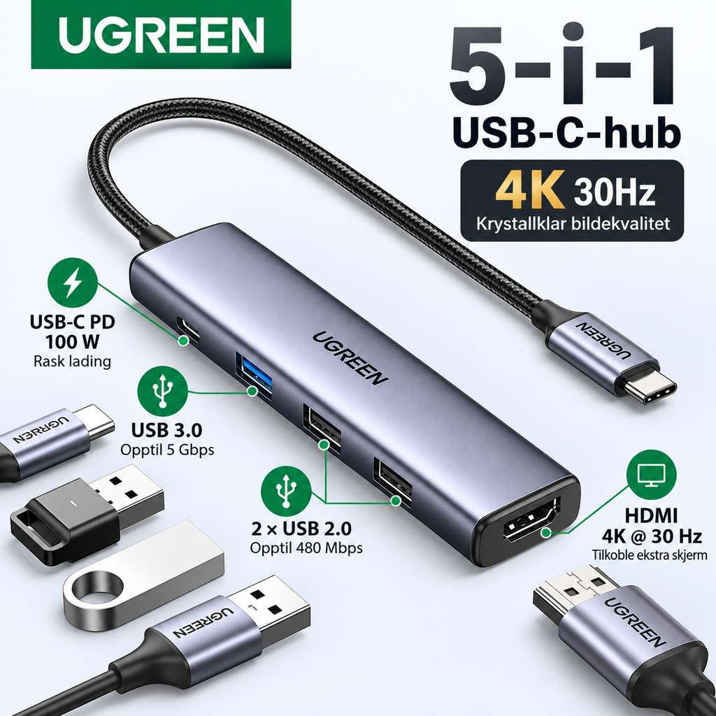 UGREEN 5-i-1 USB-C-hub med 4K HDMI og 100 W PD