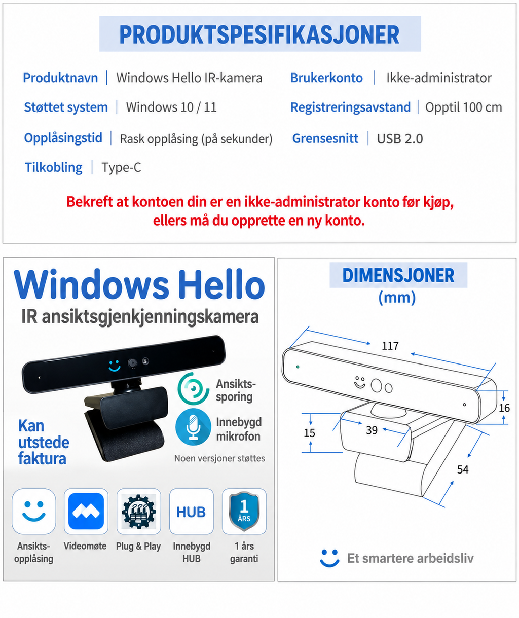 Windows Hello IR-kamera med ansiktssporing, mikrofon og USB-hub