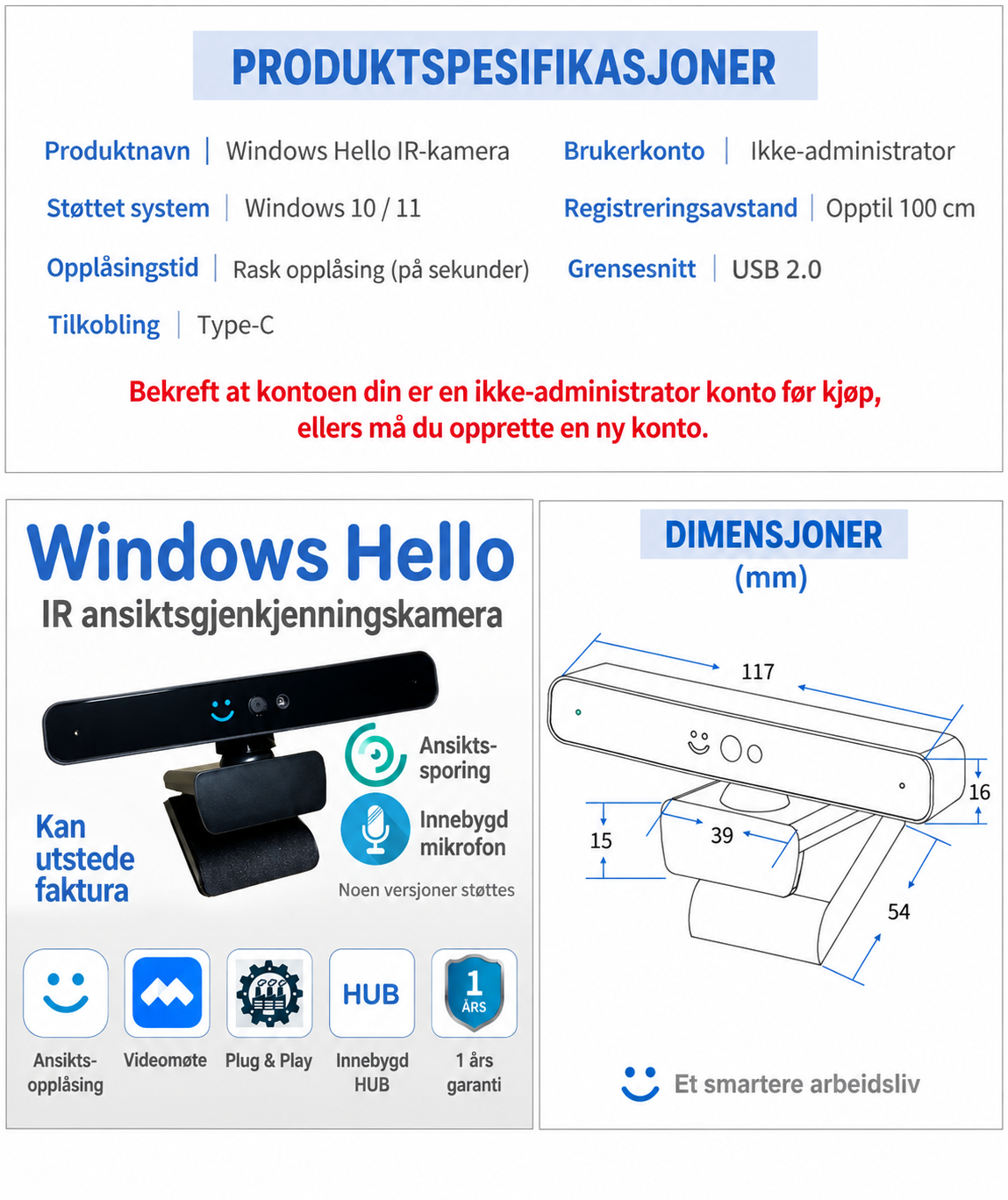 Windows Hello IR-kamera med ansiktssporing, mikrofon og USB-hub