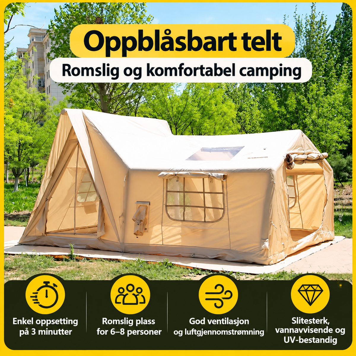 Oppblåsbart helårstelt med ett rom – vanntett Oxford-stoff