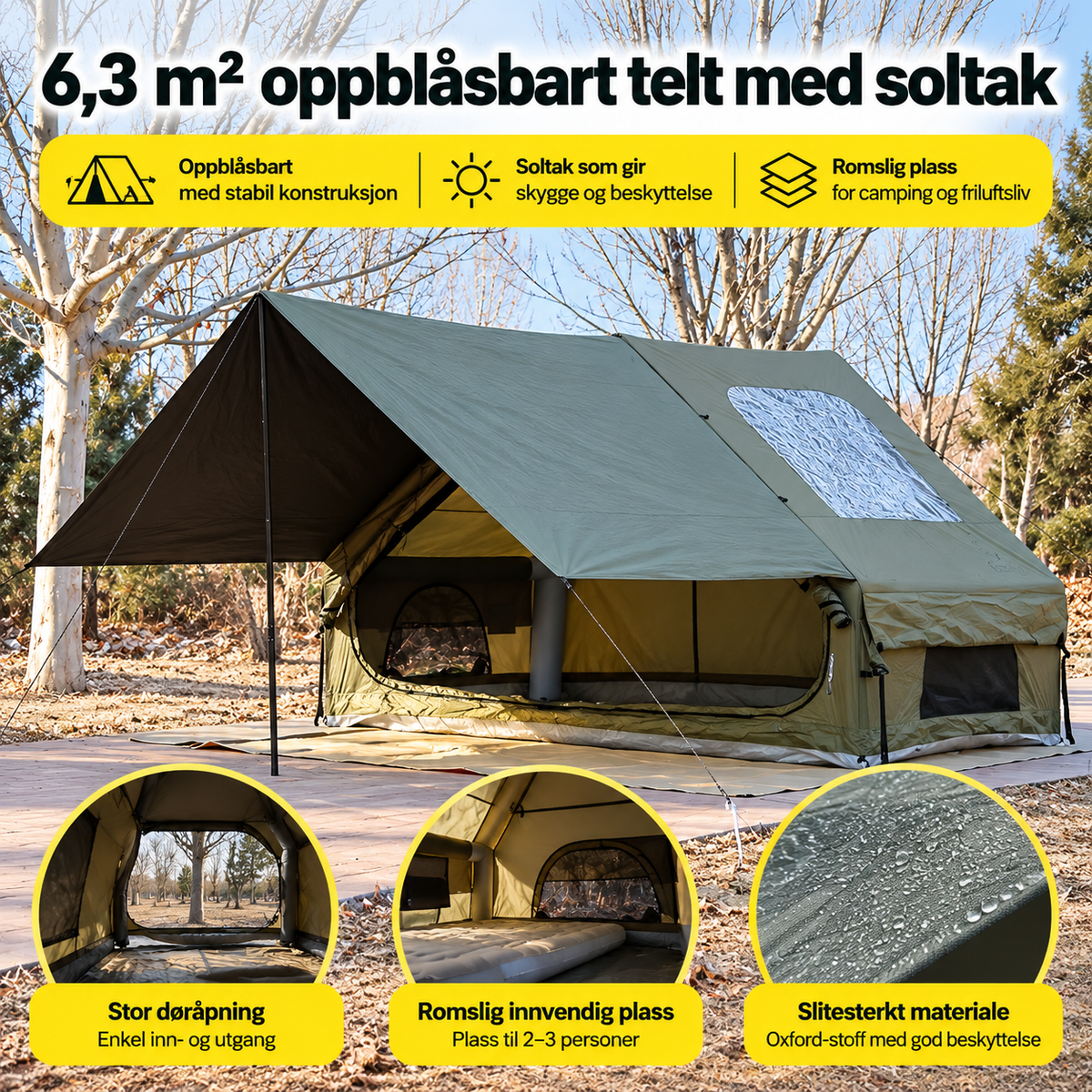 Oppblåsbart campingtelt med soltak – romslig modell for overnatting.