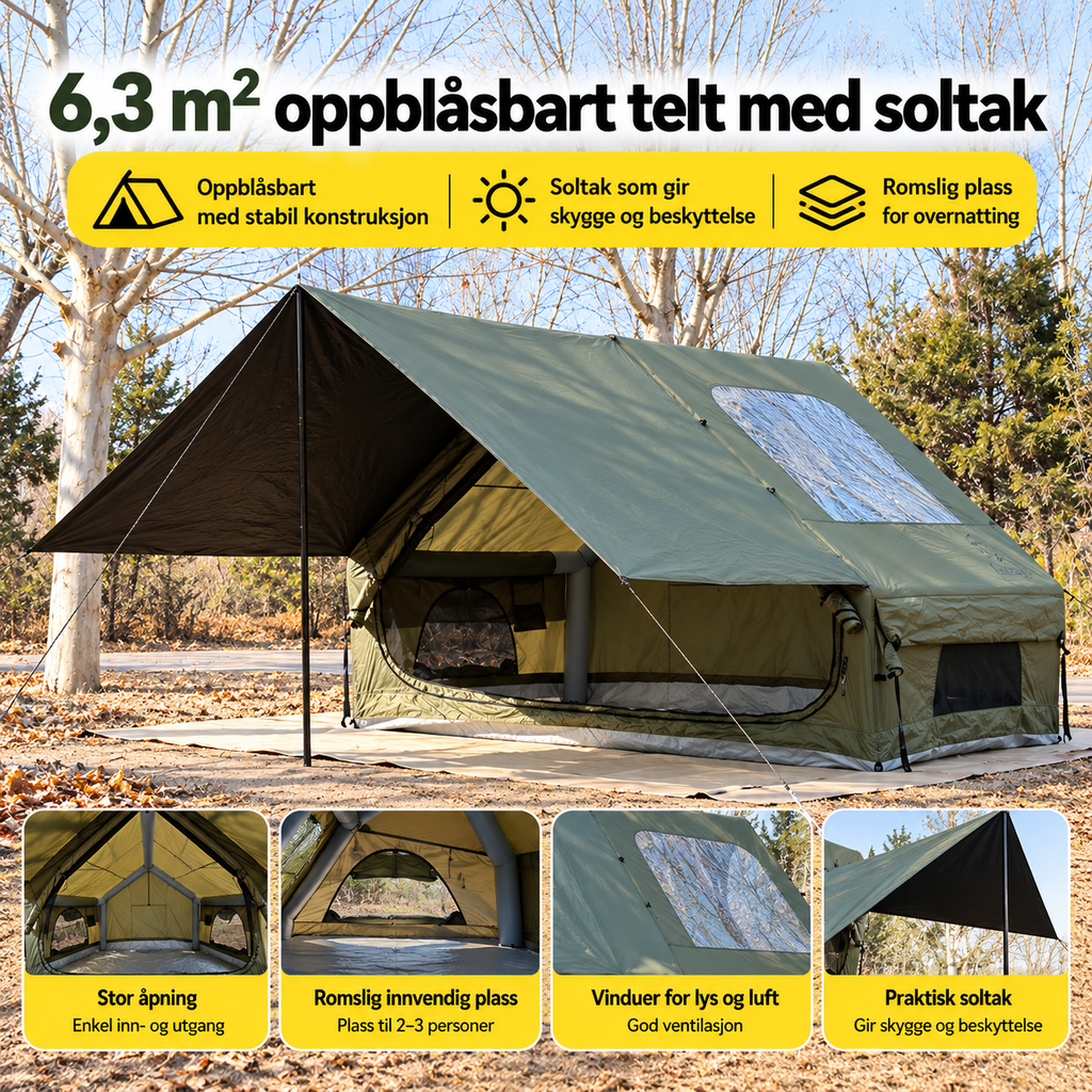 Oppblåsbart campingtelt med soltak – romslig modell for overnatting.